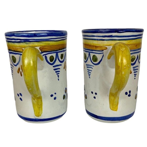Talavera Handpainted Mexican Ceramic Coffee Mugs Set Of 2 Yellow Blue White - Picture 2 of 6